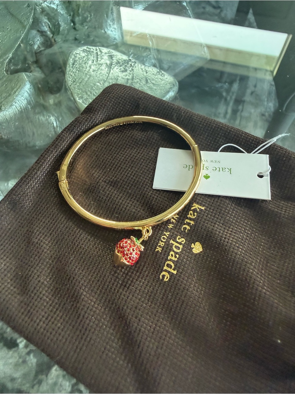 kate spade Gold Bangle Bracelet with Red Strawberry Charm